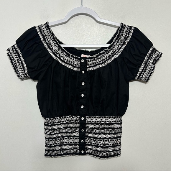 Y2K Smocked Cottagecore Peasant Milkmaid Gemstone Blouse - Picture 7 of 10